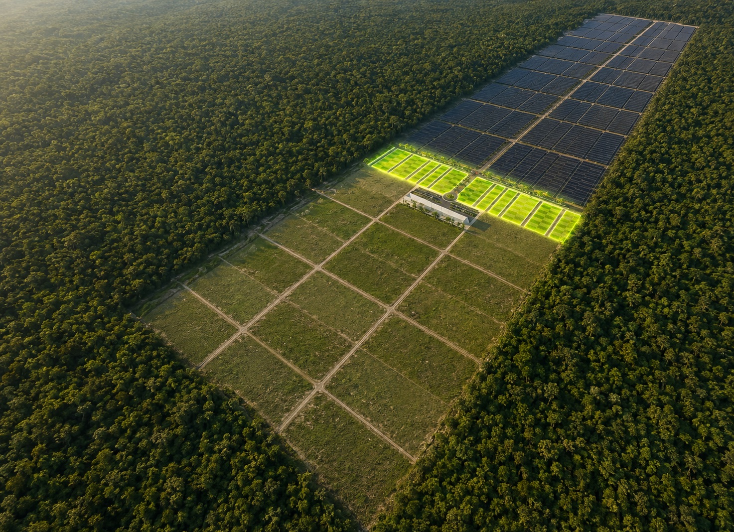 Vista aérea del desarrollo con la primera etapa residencial resaltada en verde